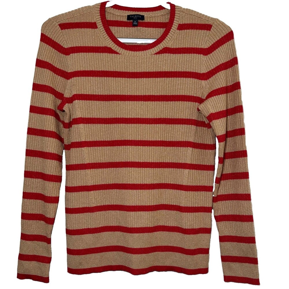 Talbots Petite SP Gold Metallic Red Stripe Rib Knit Sweater Long Sleeve Top